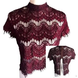 Inny burgundy short sleeve lace sheer open back top with zipper size Large